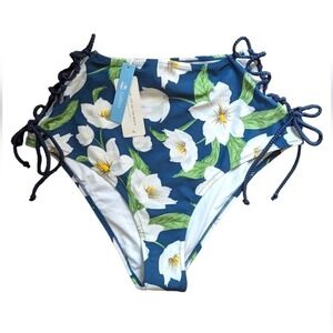 NEW Cupshe High Waist Bikini Bottom Swim Women's XL Blue White Green Floral
